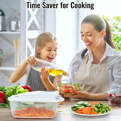 Mom and daughter making salad with vegetable chopper, time-saving kitchen tool for meal prep
