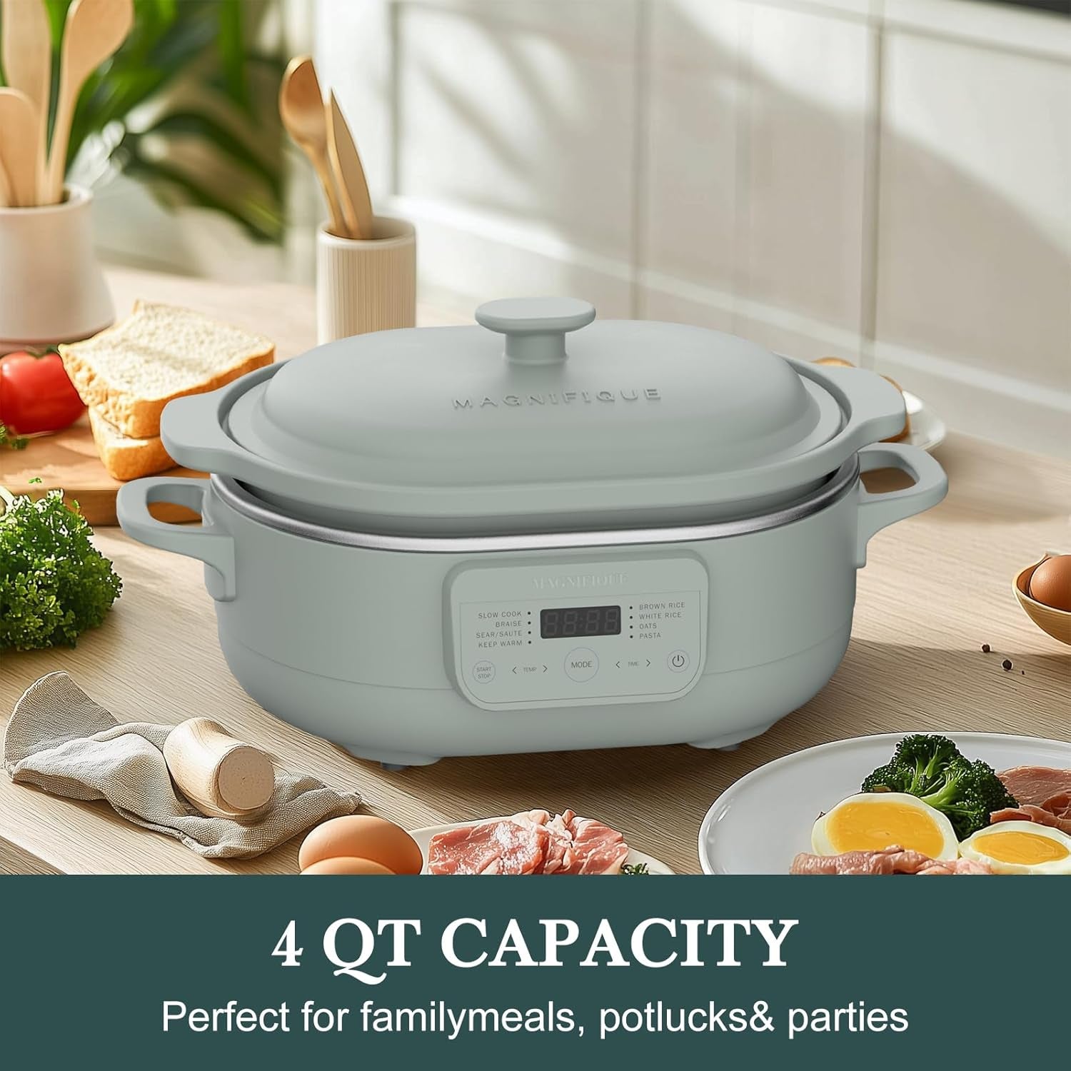 MAGNIFIQUE 4 Quart Programmable Casserole Slow Cooker, 8-In-1 Multi Cooker with Removable Non-Toxic Stoneware Crock, Claypot Slow Cooker, Rice-Cooking, Nonstick, Oven Safe Pot to 450°F, Olive