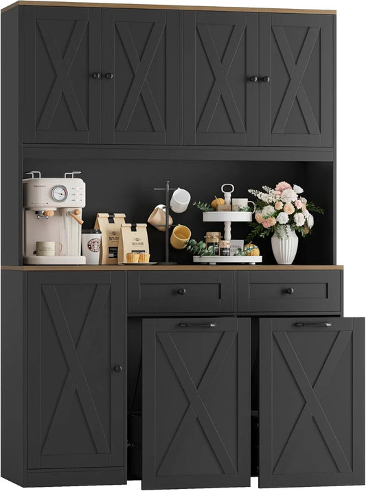 71" H Kitchen Trash Can Hutch Cabinet, 12.5 Gallon Double Pull Out Garbage Can Hutch Cabinet with Trash Bin Storage Holders, 47" Wide Kitchen Pantry with Hidden Garbage Storage, Black