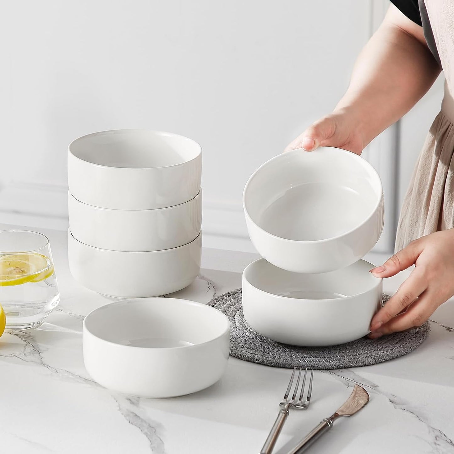 24 OZ Cereal Bowls, Porcelain Soup Oatmeal Bowls Set of 6, Kitchen Ceramic Serving Bowl, Dishwasher Microwave Oven Safe, White, Series LUNA