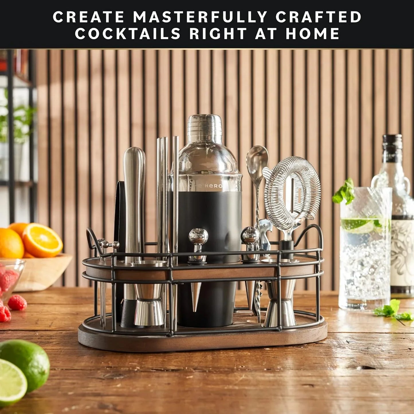 Bartender Kit - 22-Piece Cocktail Shaker & Bar Tool Set - Wooden Stand Display & Bar Cart Accessories - Recipe Book & Housewarming Gifts - 22-Pc, Silver
