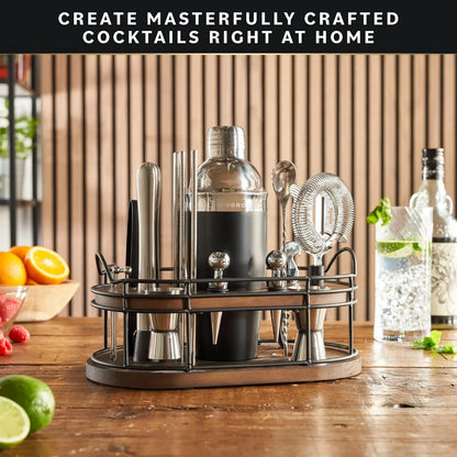 Bartender Kit - 22-Piece Cocktail Shaker & Bar Tool Set - Wooden Stand Display & Bar Cart Accessories - Recipe Book & Housewarming Gifts - 22-Pc, Silver