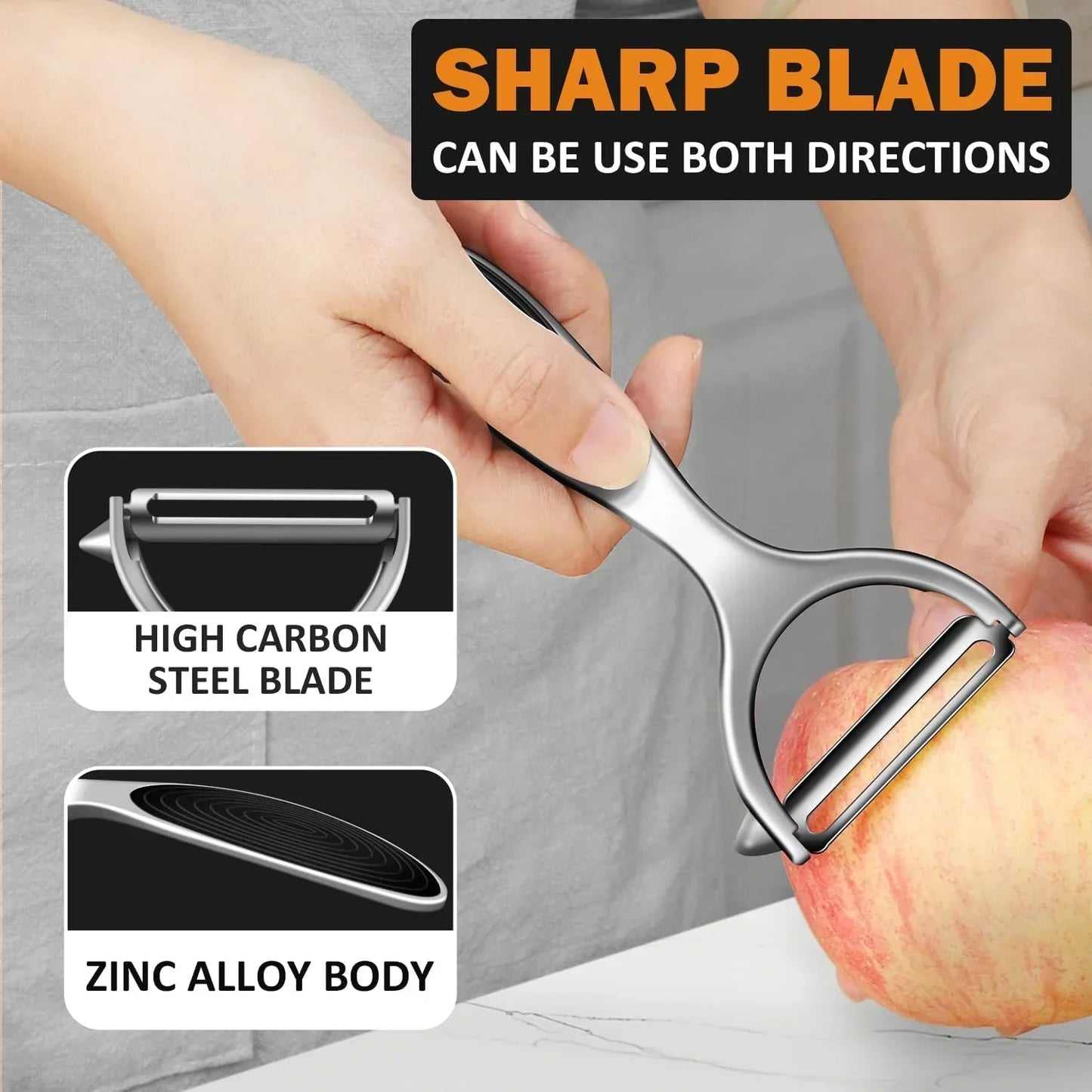 Sharp high carbon steel peeler with zinc alloy body peeling apple, dual-direction use