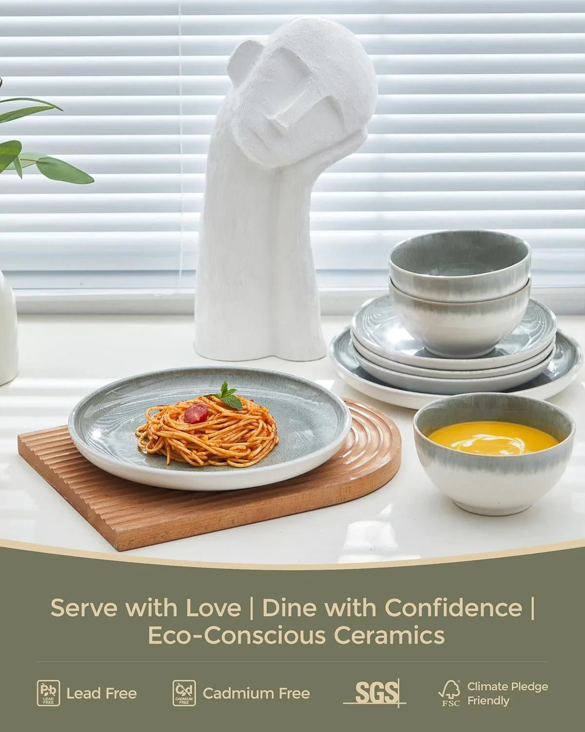 Gradient Green Stoneware Dinnerware Sets, 12 Pcs Reactive Glaze Plates and Bowls Sets, Handmade Ceramic round Dishes Set for 4, Highly Chip and Crack Resistant Modern Plate Set
