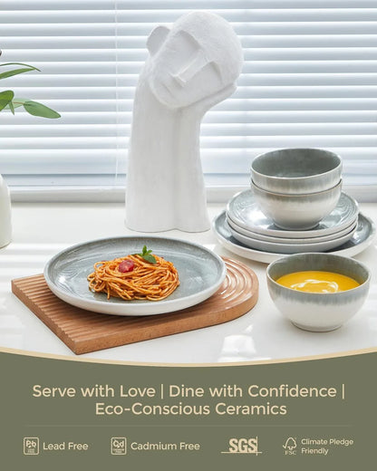Gradient Green Stoneware Dinnerware Sets, 12 Pcs Reactive Glaze Plates and Bowls Sets, Handmade Ceramic round Dishes Set for 4, Highly Chip and Crack Resistant Modern Plate Set