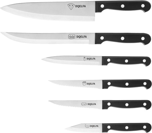 6 Piece Kitchen Knife Set, Stainless Steel Knife Set with Ergonomic Handle, Rustproof, Dishwasher Safe (Black, Fun Food Icons)
