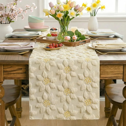Beige Soft Plush Faux Fur Jacquard Embroidery Sunflower Spring Table Runner, Kitchen Dining Table Decoration for Home Party Decor 13X72 Inch