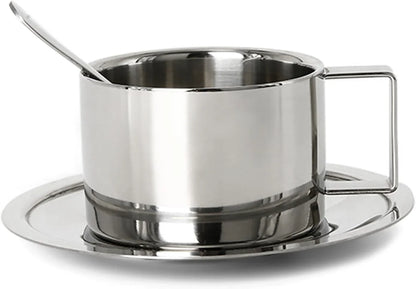 6.8Oz Stainless Steel Coffee Cup Set, Coffee Mugs with Spoon and Saucer for Latte, Espresso, Cappuccino, Milk and Tea