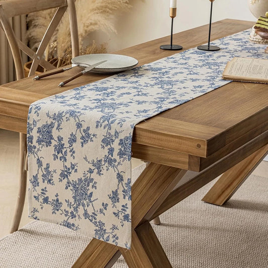 Pastoral Table Runner - 14 X 108 Inch Rectangle - Washable Tabletop with Dust-Proof Wrinkle Resistant for Restaurant, Picnic, Indoor and Outdoor Dining, Floral (Dark Blue)
