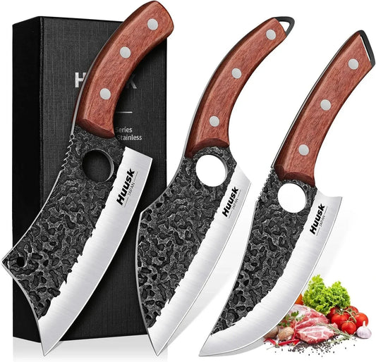 Butcher Knife Set of 3- Japanese Knife Set for Meat Cutting, Hand Forged Viking Knives Sets with Meat Cleaver, Heavy-Duty Kitchen Knives Sets for Bone BBQ Vegetable, Gift Idea for Men & Women