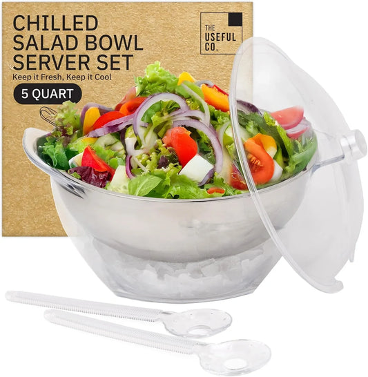 Useful Co. 5QT Salad Bowl Set on Ice - Large Salad Bowl with Lid & 2 Servers - Chilled Tray for Cold Food, Party Buffet - Serving Bowl with Ice Tray Base for Gatherings