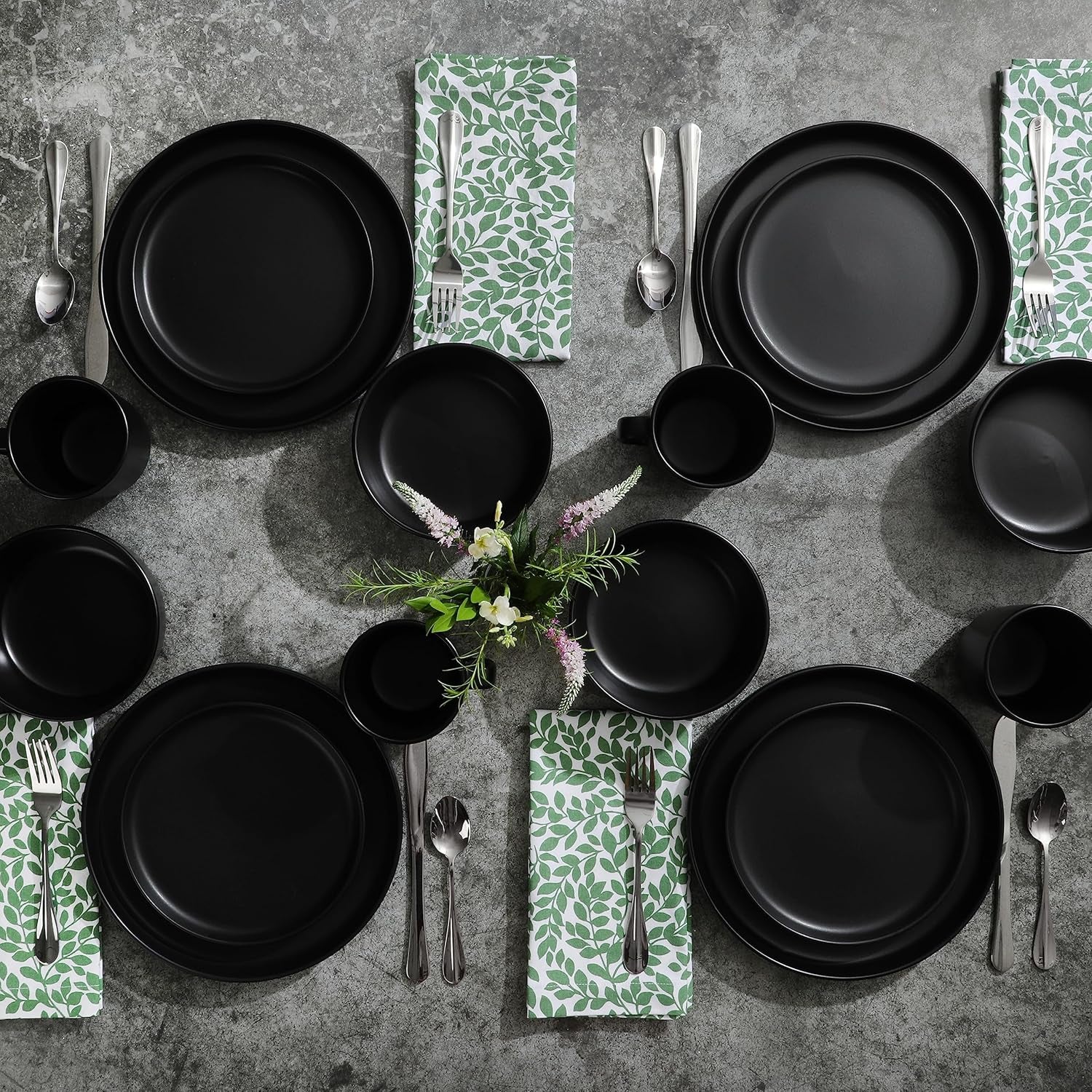 Zuma Stoneware Plates, Bowls, & Mugs Dinnerware Set - Matte Black, Service for Four (16Pcs)