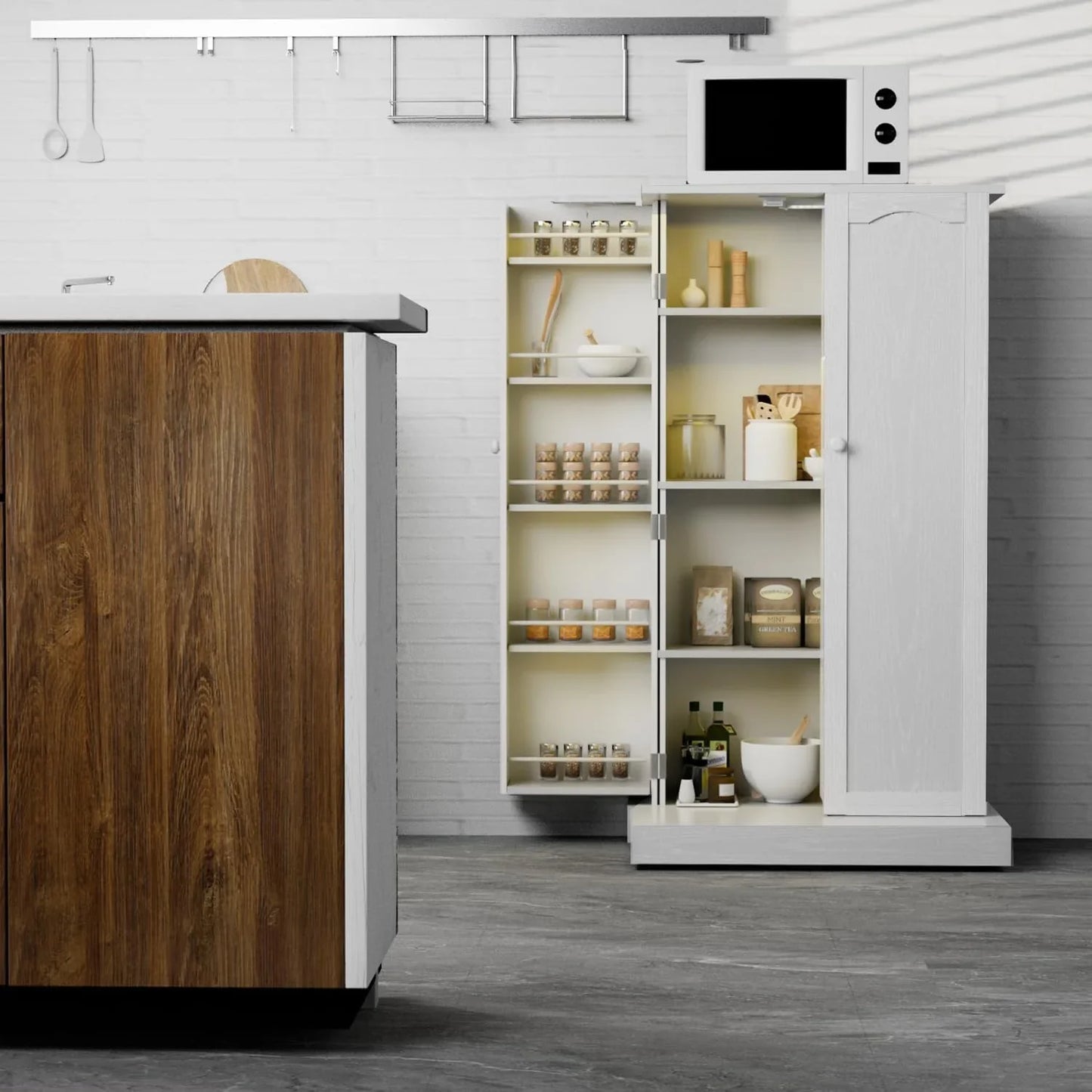 50" LED Kitchen Pantry Cabinet White Storage Cabinet Food Pantry with Doors and Adjustable Shelves Freestanding Buffet Cupboards Sideboard for Kitchen Living Room and Dinning Room