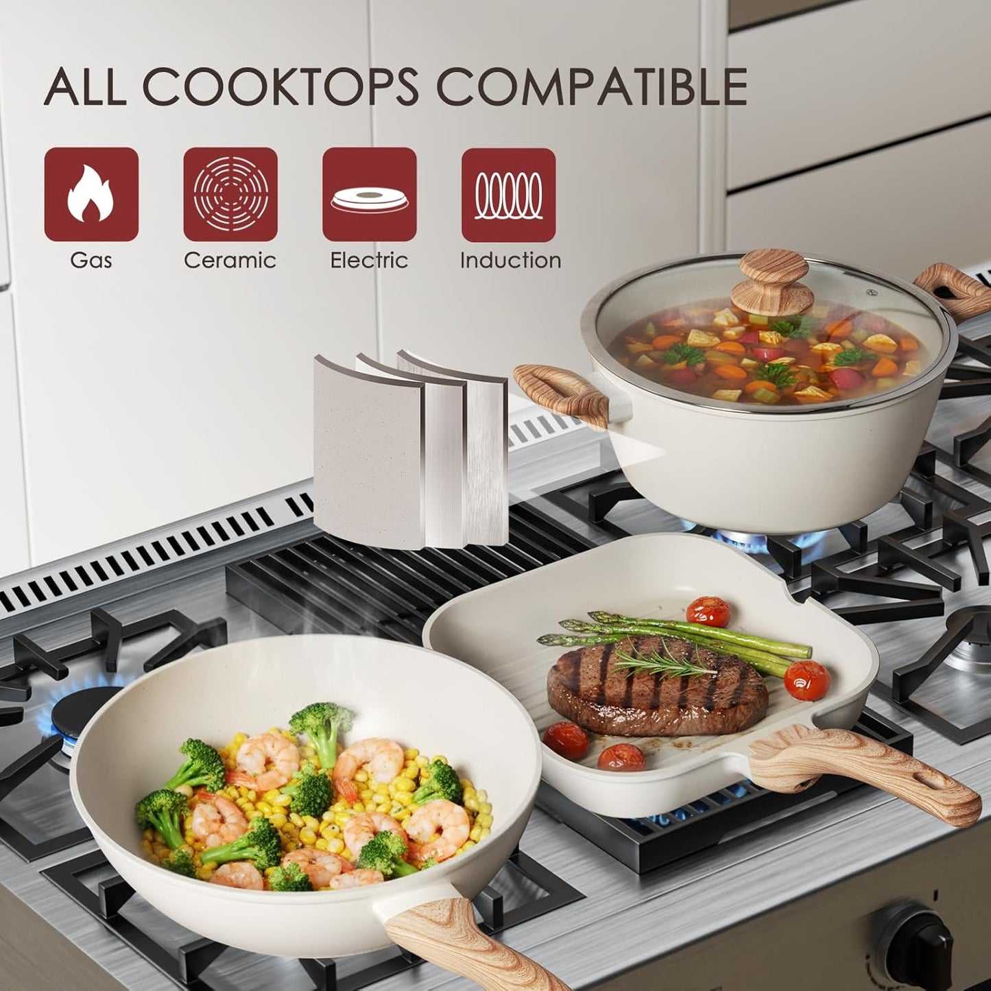 Pots and Pans Set Non Stick 31 Piece Kitchen Nonstick Cooking Cookware Sets with Grill Pan Saucepan Baking Sheet Utensil, Cream White