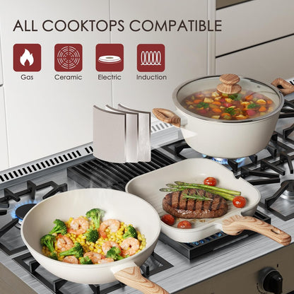 Pots and Pans Set Non Stick 31 Piece Kitchen Nonstick Cooking Cookware Sets with Grill Pan Saucepan Baking Sheet Utensil, Cream White