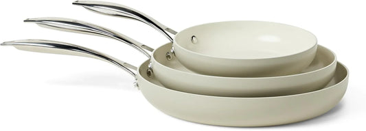 Ceramic Nonstick Cookware, 3-Piece Set of Frying Pans, All Cooktop Induction Compatible, Dishwasher-Safe, Oven-Safe, Linen Gray