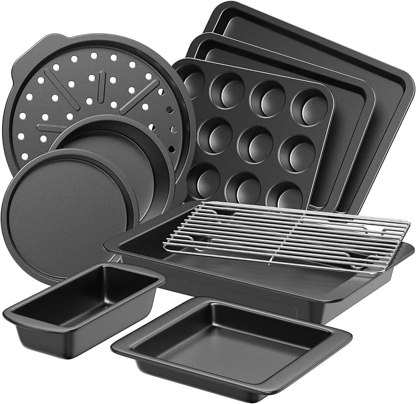 Bakeware Sets, Baking Pans Set, Nonstick Oven Pan for Kitchen with Wider Grips, 10 Pieces Including Rack, Cookie Sheet, Cake Pans, Loaf Pan, Muffin Pan, Pizza Pan - Grey
