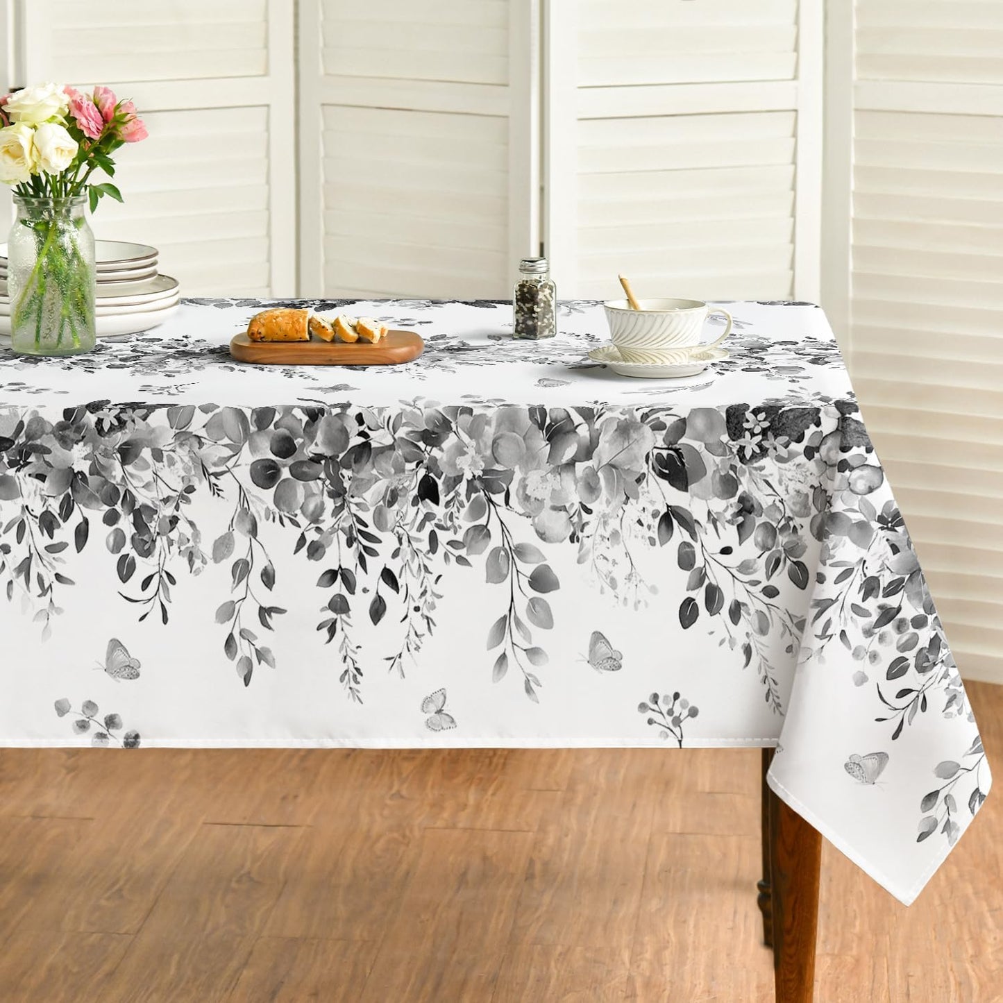 Spring Tablecloth 60×84 Inch Rectangular, Eucalyptus Floral Grey Table Cover for Party Picnic Dinner Decor