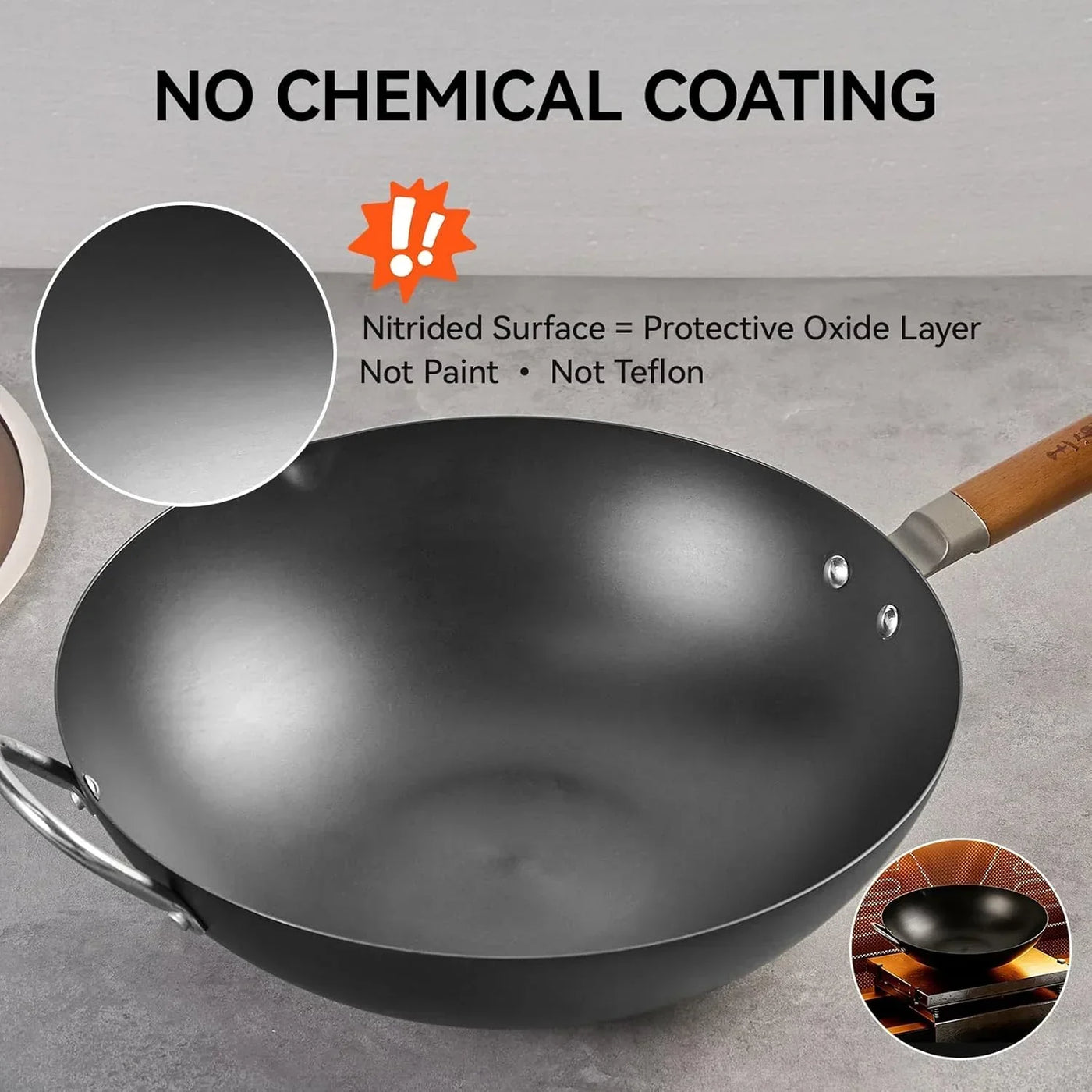 Chemical-free nitrided wok with protective oxide layer, wooden handle, no Teflon or paint coating