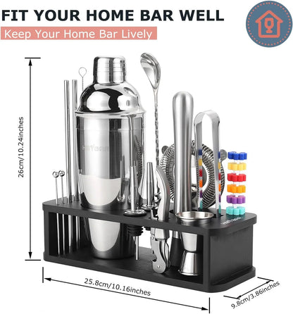 ® 22-Pc Cocktail Shaker Set(24Oz/700Ml) | Mixology Bartender Kit | Bar Tool Set | Martini Making Set with 39-Recipe Cocktail Cards & Kit'S Deco, Bamboo Stand Black Color, Silver Tools