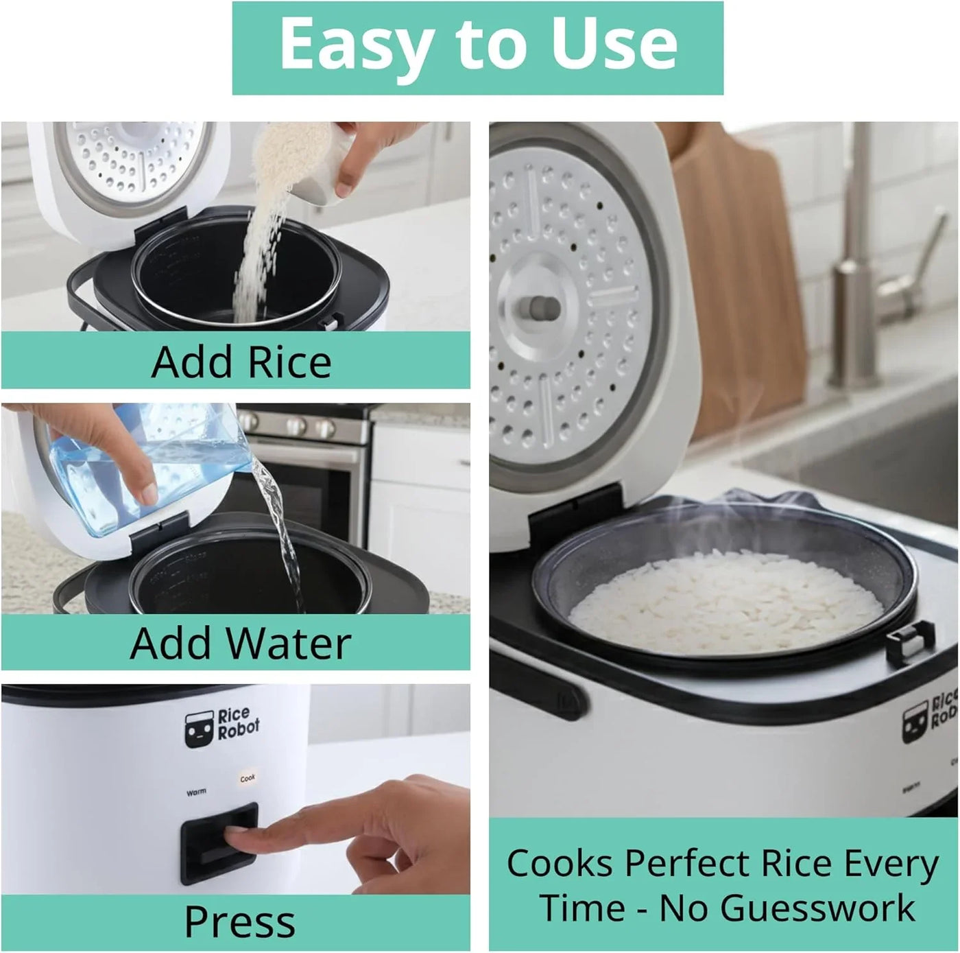 Rice Robot Personal Rice Cooker, Pfas-Free, Nonstick. 1 Quart Capacity, with Stainless Steel Steamer Tray, Measuring Cups, Recipe Book with 60 Recipes, and Serving Spoon, as Seen on TV