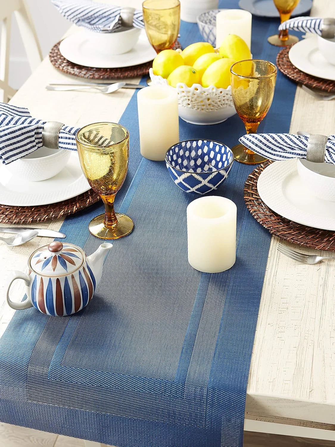 PVC Tabletop Collection Woven Indoor/Outdoor, Table Runner, 14X72, Nautical Blue
