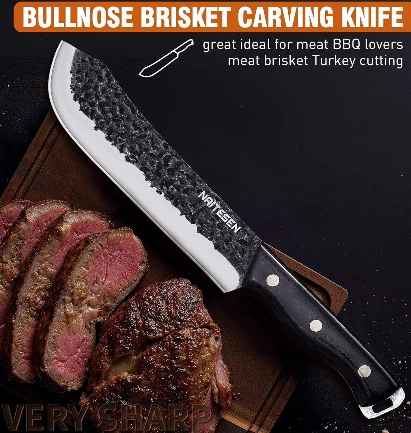 Bullnose brisket carving knife with hammered blade, slicing cooked meat on wooden board
