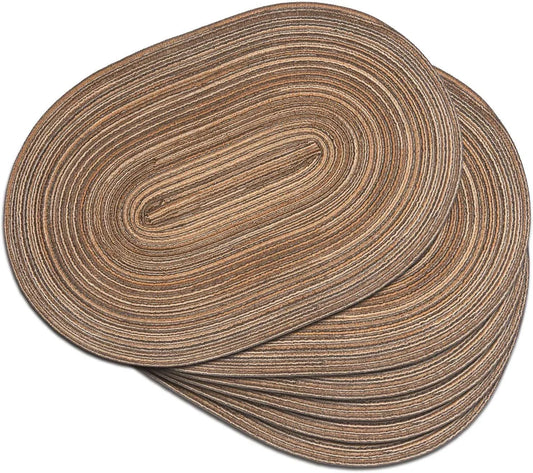 Woven Oval Braided Placemats Set of 6-12 X 17.5 Inch Washable Non-Slip Heat Resistant Table Mats for Kitchen and Dining（Brown, 6）
