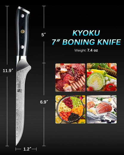 Kyoku 7-inch boning knife with Damascus steel blade, ideal for meat, fish, and produce prep in home kitchens.