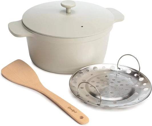 All-In-One Pot, Multilayer Nonstick, High Performance Cast Dutch Oven with Matching Lid, Roasting Rack and Turner, Made without PFOA, Dishwasher Safe Cookware, 4.7-Quart, Linen