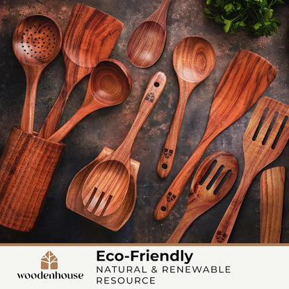 Eco-friendly wooden kitchen utensils set with natural grain, slotted spoons, spatulas, and ladles for sustainable cooking.