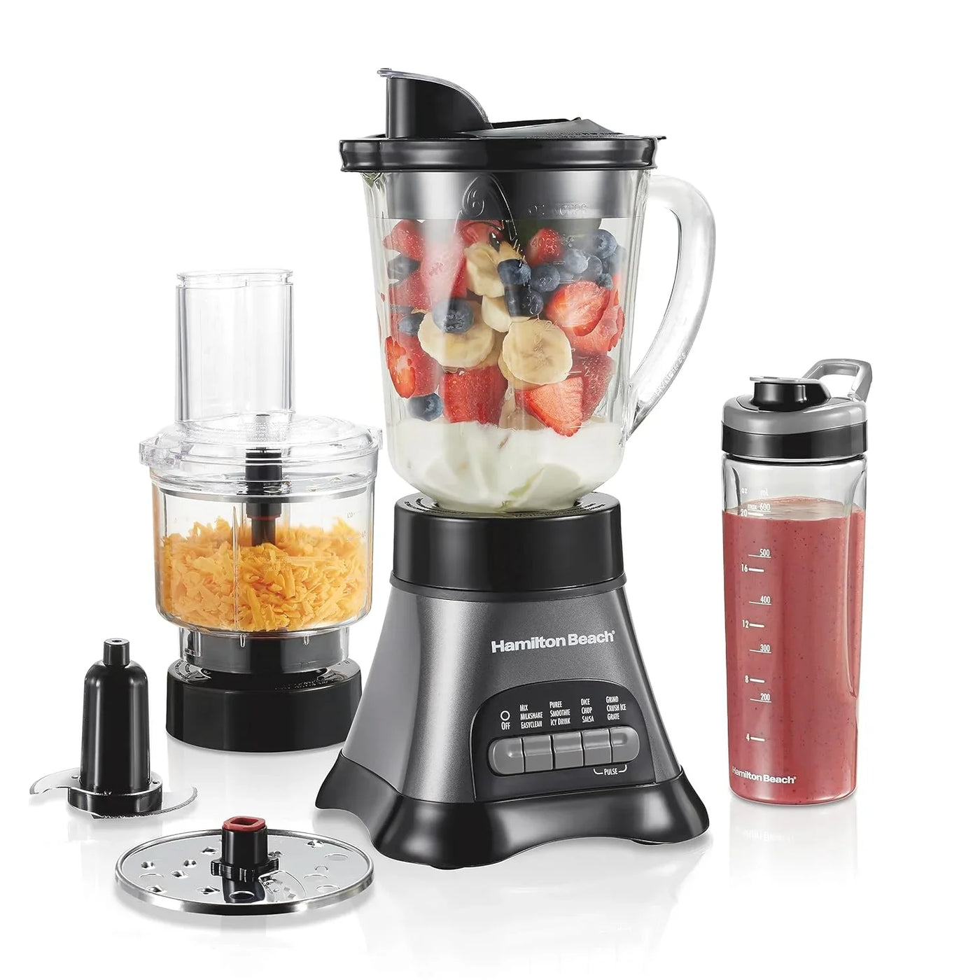 Blender and Food Processor Combo for Shakes & Smoothies, with 3 Cup Electric Food Chopper Attachment, 40 Oz Glass Jar, Blender Travel Cup, 700 Watts Peak Power, Gray & Black (58163)