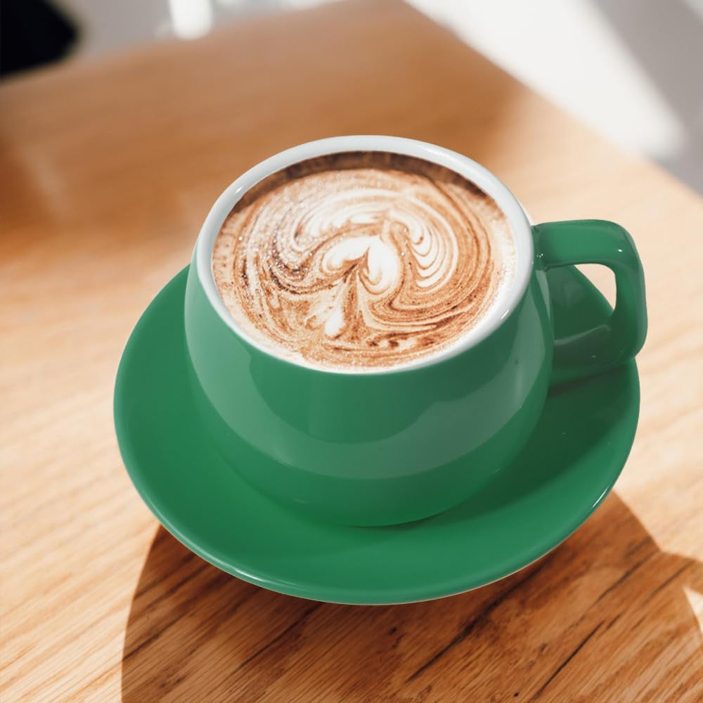 Porcelain Coffee Cup with Saucer 270Ml/9Oz, Minimalist Design, Perfect for Latte, Cappuccino, and Tea, Cyan