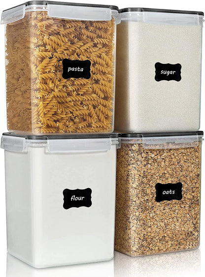 4 PCS Large Food Storage Containers 5.2L / 175Oz, 4 Pieces BPA Free Plastic Airtight Canisters for Flour, Sugar, Baking Supplies, Rice with Lids, 4 Measuring Cups and 24 Labels, Black