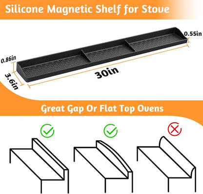 Magnetic Stove Top Shelf 30 Inch - Heat Resistant Silicone over the Stove Shelf Spice Rack Organizer - 3 Functional Partitions Kitchen Organization and Storage for Spices, Oils & Gadgets (Black)
