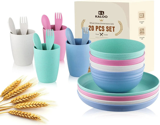 Wheat Straw Dishes Dinnerware Sets,  20Pcs Lightweight Unbreakable Dish Set, Microwave and Dishwasher Safe, Reusable Kids and Toddler Plates and Bowls Sets