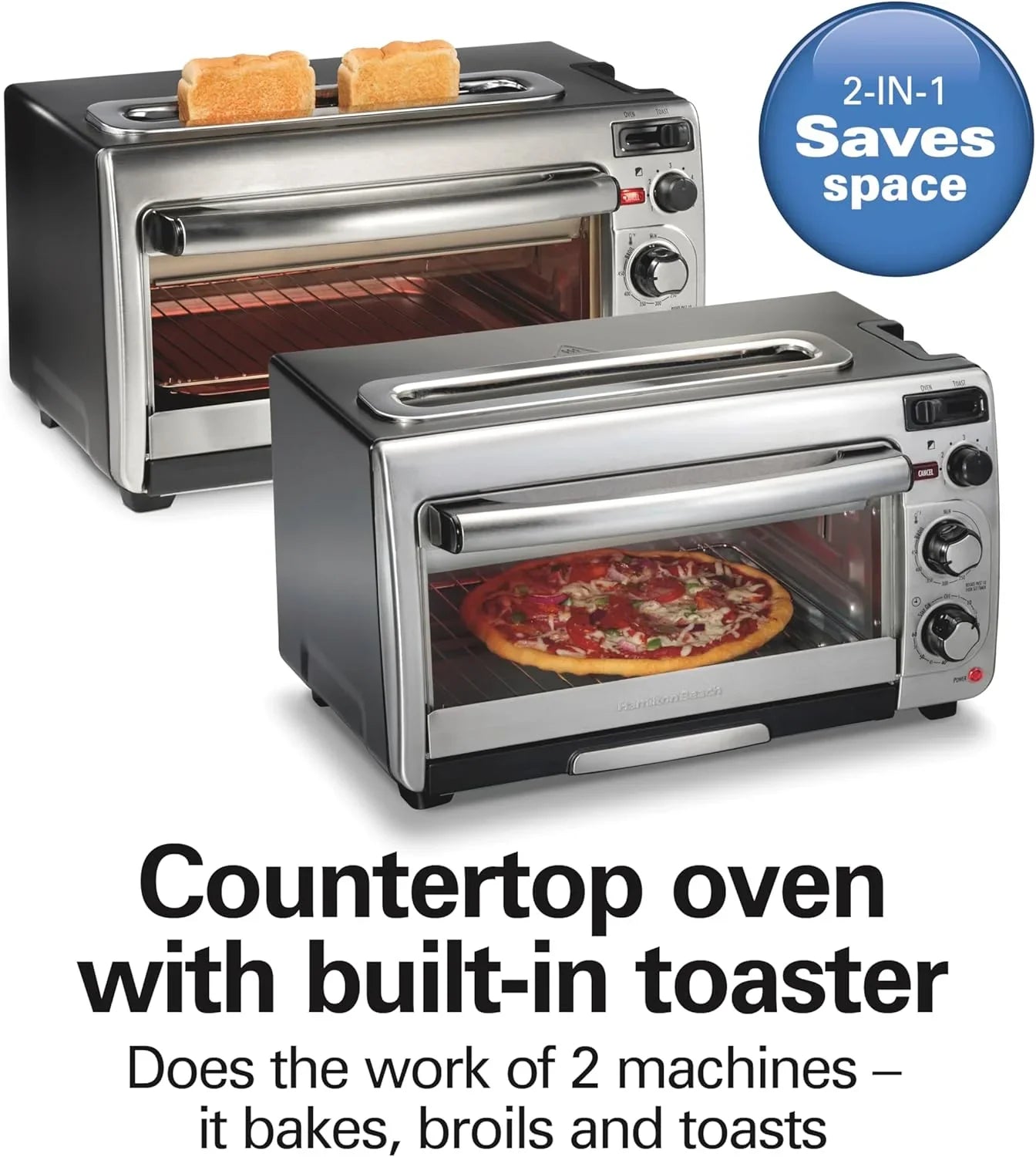 2-In-1 Countertop Toaster Oven and Long Slot 2 Slice Toaster, 60 Minute Timer and Automatic Shut Off, Shade Selector, Stainless Steel (31156)