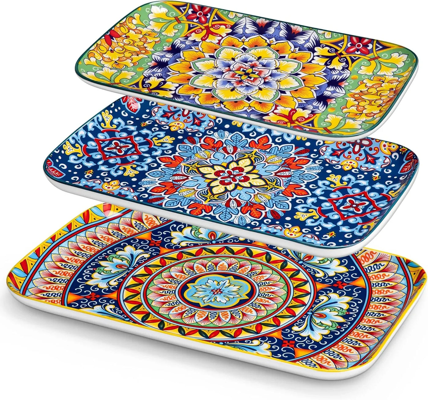 Serving Platters Set of 3, 16"/14"/12" Inch Rectangular Trays - Extra Large, Ceramic Bohemian Serving Dish for Entertaining Food, Microwave & Dishwasher Safe, Vintage
