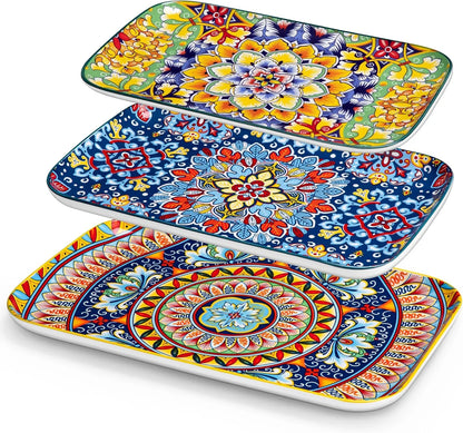Serving Platters Set of 3, 16"/14"/12" Inch Rectangular Trays - Extra Large, Ceramic Bohemian Serving Dish for Entertaining Food, Microwave & Dishwasher Safe, Vintage