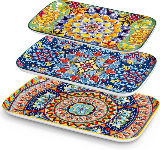 Serving Platters Set of 3, 16"/14"/12" Inch Rectangular Trays - Extra Large, Ceramic Bohemian Serving Dish for Entertaining Food, Microwave & Dishwasher Safe, Vintage