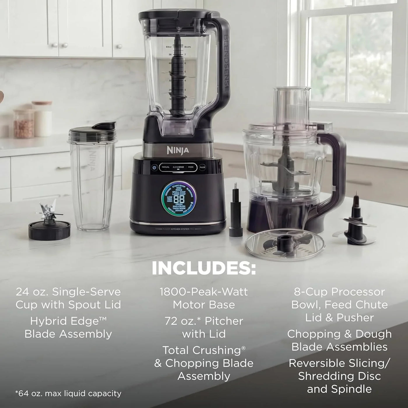 Kitchen System | All-In-One Food Processor & Blender | 8-Cup Bowl & (1) 24 Oz. To-Go Cup Blendsense Tech | for Smoothies, Cookie Dough, Salsas, Cole Slaw & More | 1800 Peak Watt | Black | TB401
