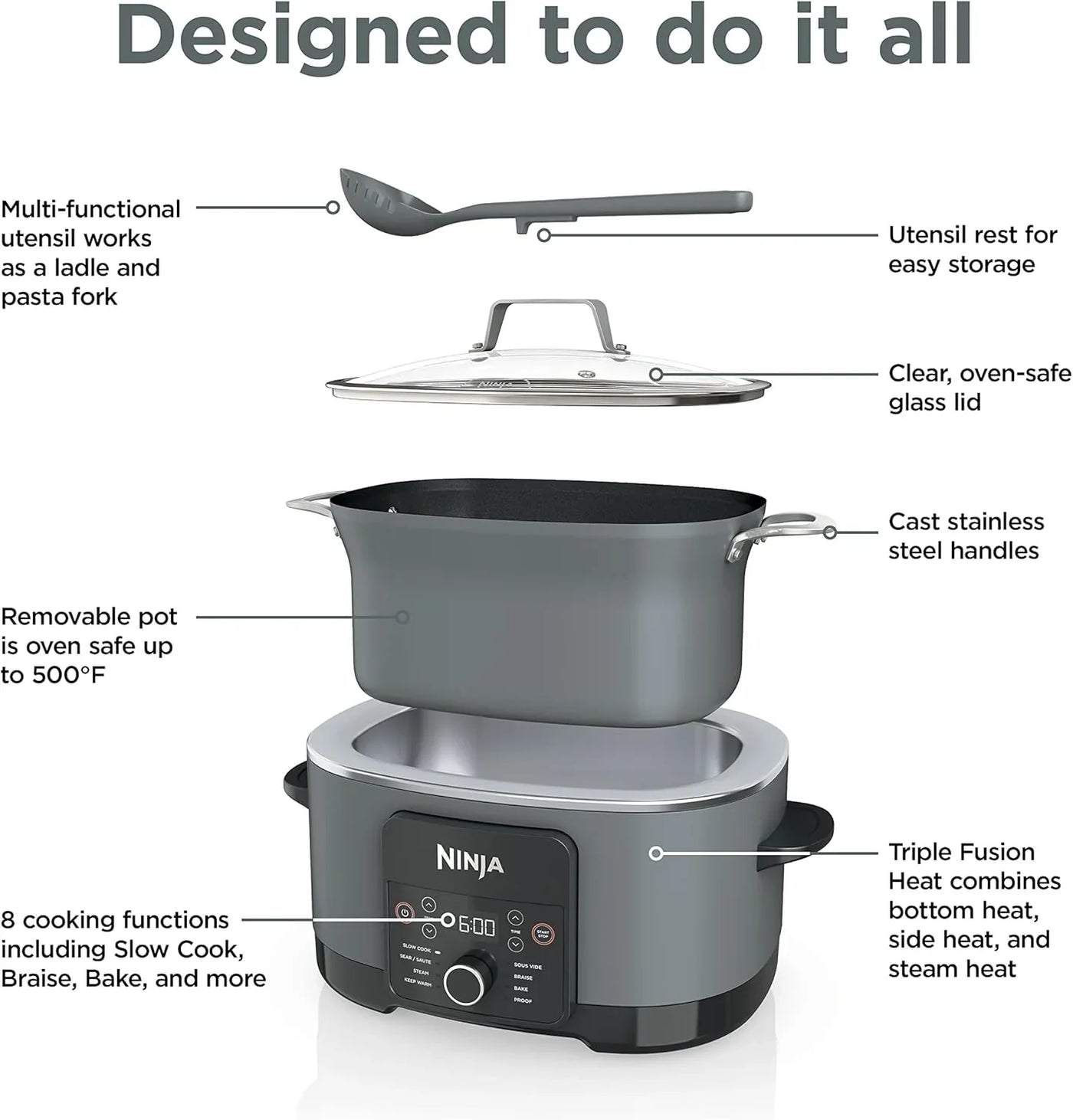 MC1001 Foodi Possiblecooker PRO 8.5 Quart Multi-Cooker, with 8-In-1 Slow Cooker, Dutch Oven, Steamer, Glass Lid Integrated Spoon, Nonstick, Oven Safe Pot to 500°F, Sea Salt Gray
