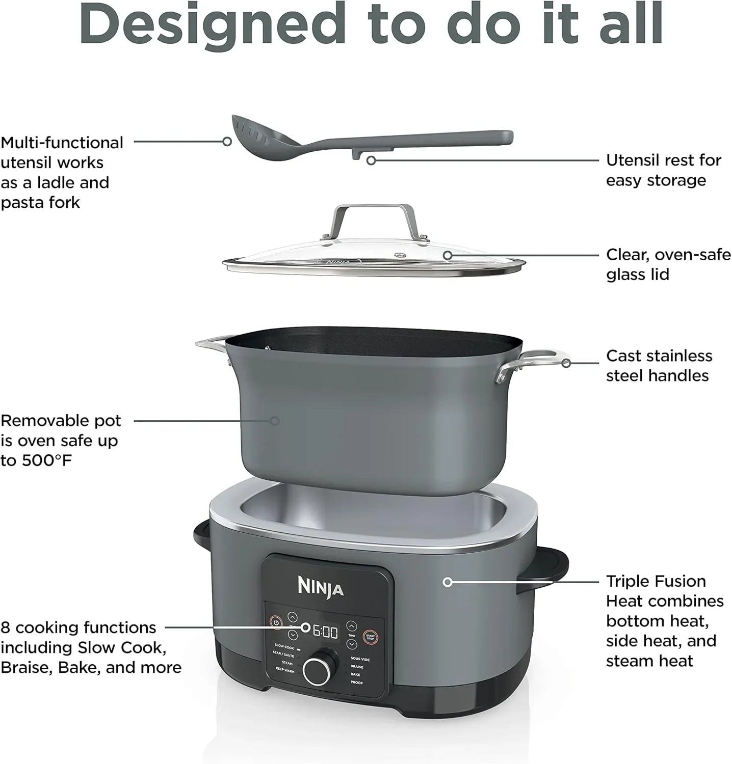 MC1001 Foodi Possiblecooker PRO 8.5 Quart Multi-Cooker, with 8-In-1 Slow Cooker, Dutch Oven, Steamer, Glass Lid Integrated Spoon, Nonstick, Oven Safe Pot to 500°F, Sea Salt Gray