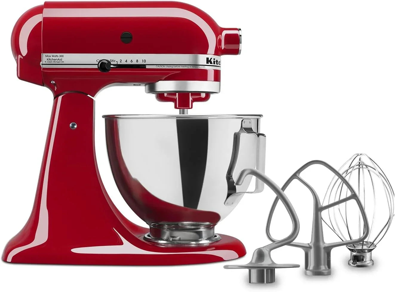 Red KitchenAid stand mixer with stainless steel bowl and attachments for baking and cooking