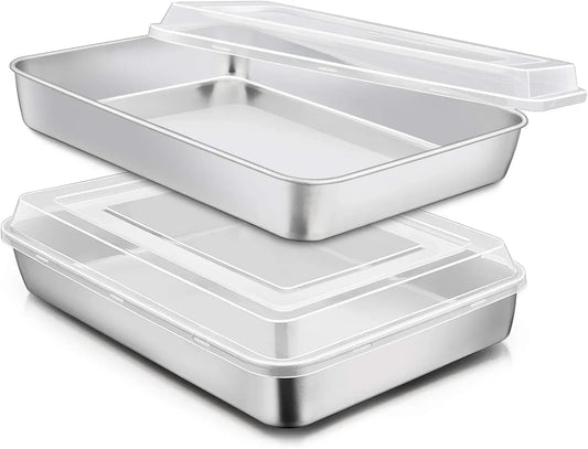 Stainless Steel Baking Pan with Lid, 12⅓ X 9¾ X 2 Inch Rectangle Sheet Cake Pans with Covers Bakeware for Cakes Brownies Casseroles, Non-Toxic & Healthy, Heavy Duty & Dishwasher Safe - Set of 2