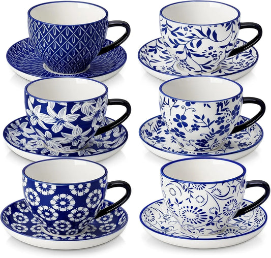 8OZ Cappuccino Cups with Saucers, Porcelain Espresso Cups Set of 6 for Latte,Vintage Blue Coffee Cups,Tea Cup Set for Specialty Coffee Drinks, Gift, Series SELENE