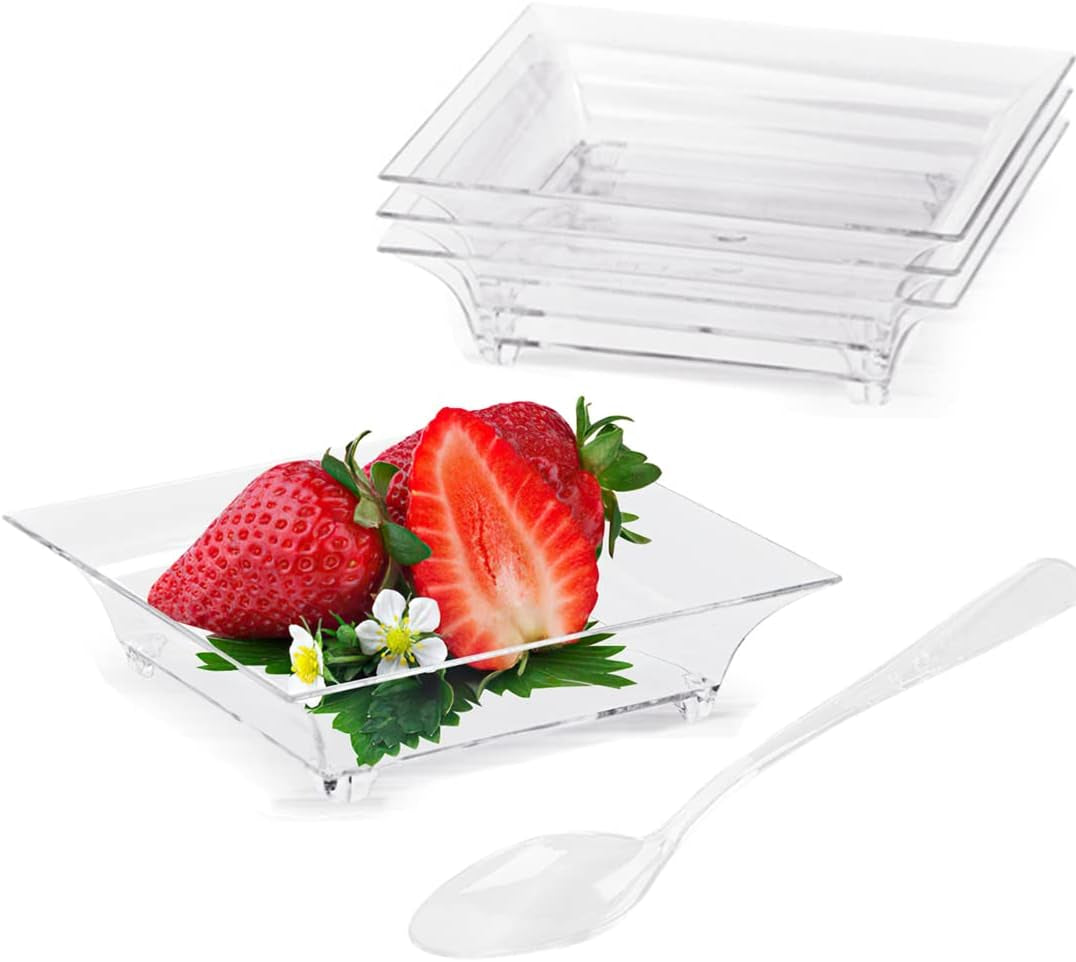 100Ct Mini Dessert Plates with Tasting Spoons, 2.5 Inch Small Reusable Clear Plastic Square Party Serving Hors D'Oeuvres Plates for Appetizers (Square)