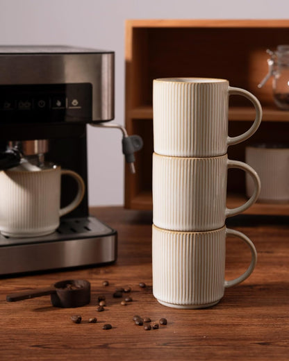 Coffee Mug Set for 6, Star 12 Oz Catering Mugs Cup Set with Handle for Coffee, Tea, Cocoa, Milk - Ceramic Stoneware Drinkware Set, Cappuccino White
