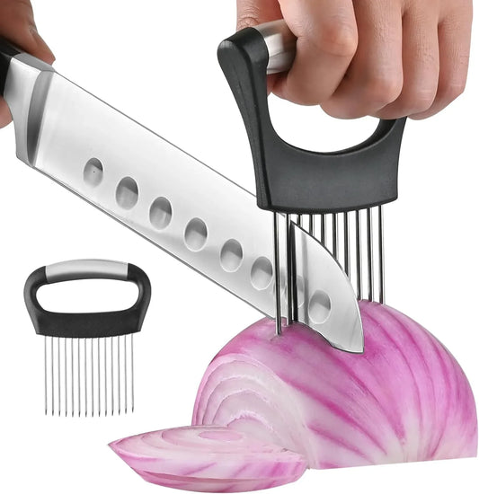 【2 Pcs】Onion Holder for Slicing - Stainless Steel Vegetable & Fruit Cutter Chopper for Onions, Tomatoes, Avocados, Potatoes, Eggs, Meat & Lemon - Kitchen Slicer Assistant with Neat Guide & Tenderizer.