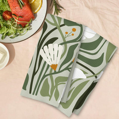 Abstract Boho Sage Green Floral Kitchen Towels Set of 2, 70S Retro Groovy Boho Botanical Dish Tea Towels for Kitchen Decor, Mid Century Modern Hand Towels for Bathroom Decor, 16X24 Inch